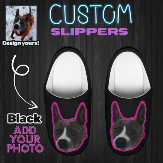 Black Custom Women's Slippers - Personalized Indoor House Shoes, Photo Slippers, Friend Gift, Cute Customized Gift for Her, Dog or Cat Mom