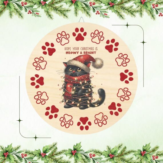 Meowy and Bright Christmas Cat Wall Decor - Rustic Wood Holiday Sign with Red Paw Print, Available in 4 Sizes