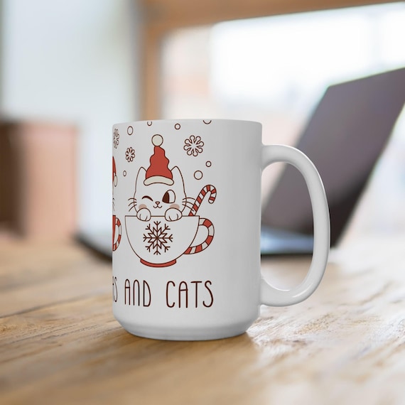 Christmas Cat Coffee Mug 15oz - Cute Cat Lover Gift for Her, Book Lover, Coffee Lover - Cat Christmas Gift Mug, Holiday Novelty Mug,