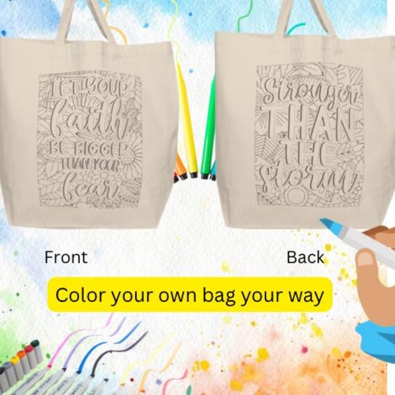 Color Your Own Faith-Filled Canvas Shopping Tote Bag for Adults and Kids, Great for Church or On the Go, Christmas Gift, Double-Sided