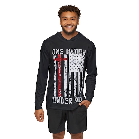Men's Black Sports Warmup Hoodie, Patriotic Flag, One Nation Under God, Sizes XS-4XL, Gift for Him, USA Flag Cross Sweatshirt, American