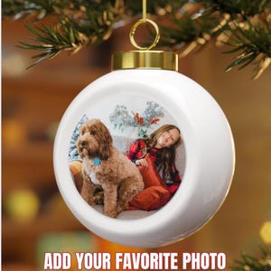 Add your favorite photo white round Christmas tree customizable ball ornament