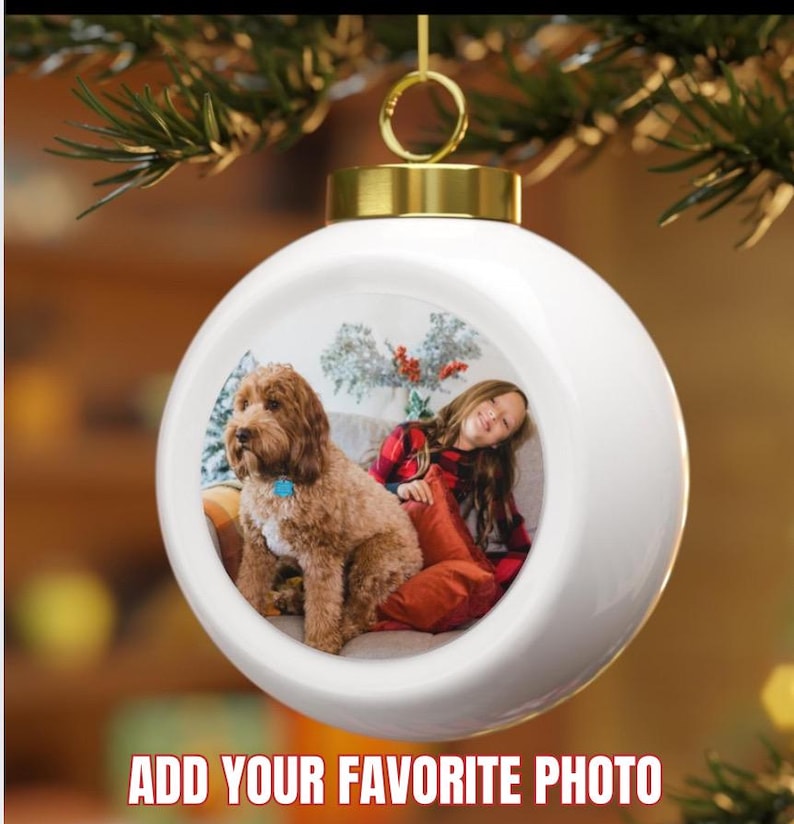 Add your favorite photo white round Christmas tree customizable ball ornament