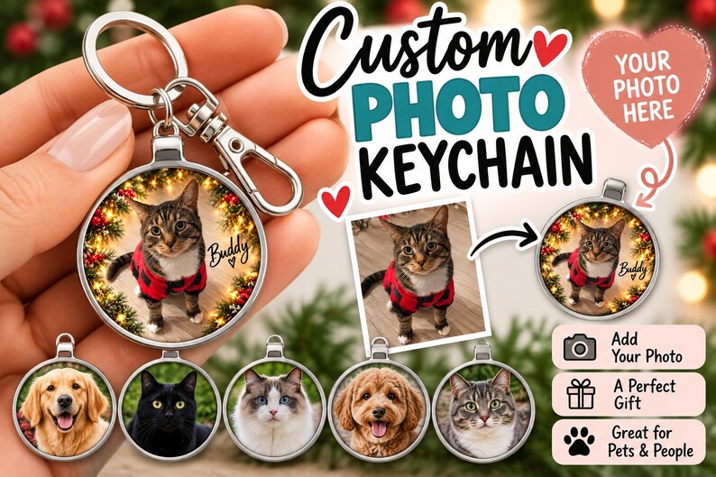 Personalized Photo Keychain, Custom Pet Dog Cat Picture Key Ring, Gift for Mom Dad, Family Keepsake or One of A Kind Stocking Stuffer. afbeelding 3