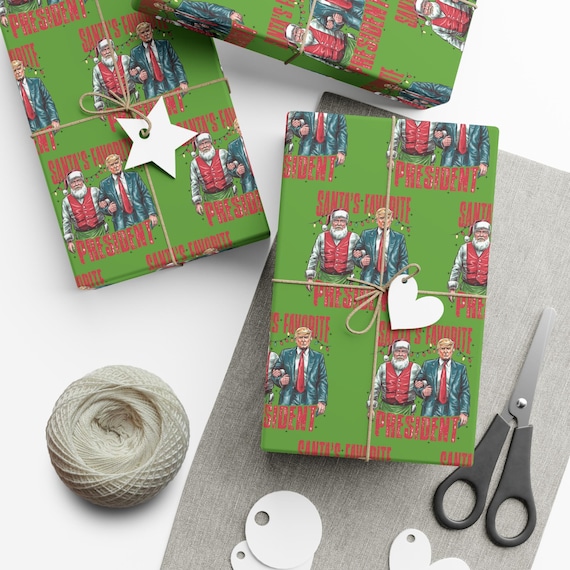 Wrapping Paper, Green Christmas Gift Wrap Papers with Santa Claus and Trump, Santa's Favorite President, White Elephant Trump Gift Wrap