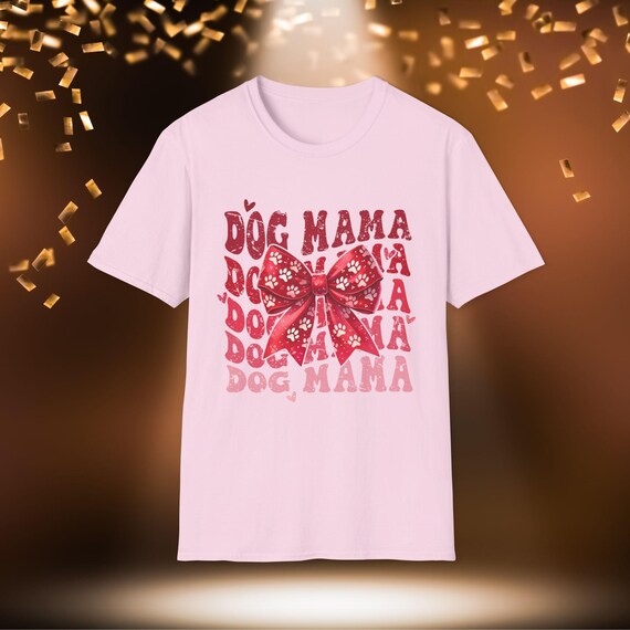 Dog Mama with Red Bow T-Shirt - Holiday Gift - XS-5XL Unisex Tee, Christmas Present, Dog Mom Valentine's Day Apparel