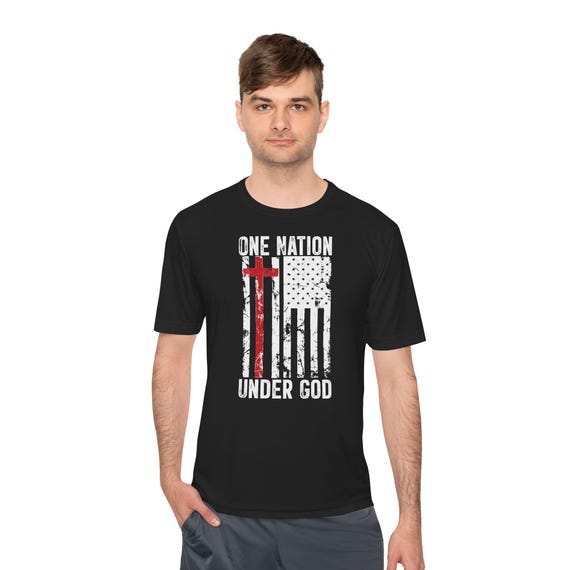 In God We Trust:  Moisture Wicking Tee for Him, Patriotic Christian Cross Flag Shirt, Men's Christmas Gift, Sizes XS-4XL
