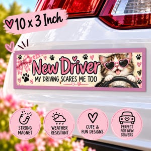 おもしろい新米ドライバー猫の車用マグネット 10 x 3 インチ、「私の運転も怖い」かわいいピンクの学生ドライバー用バンパーマグネット 画像 1