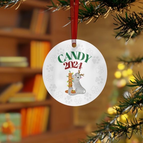 Kitty Cat Christmas Personalized Double-Sided Metal Christmas Ornament for Cat Moms snd Dads | Custom Pet Name and Year