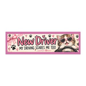 おもしろい新米ドライバー猫の車用マグネット 10 x 3 インチ、「私の運転も怖い」かわいいピンクの学生ドライバー用バンパーマグネット 画像 2