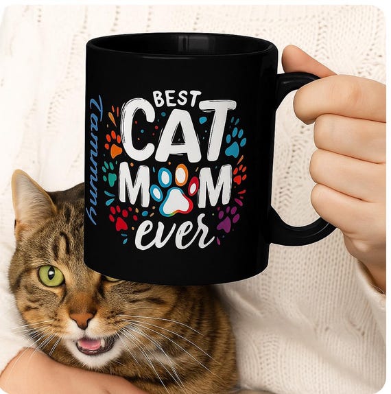 Cat Mom Black Ceramic Coffee Mug, Colorful Paw Print Design, Personalized Name, Gift for Cat Lovers, 11oz, 15oz Mug for Cat Mom, Cat Lover