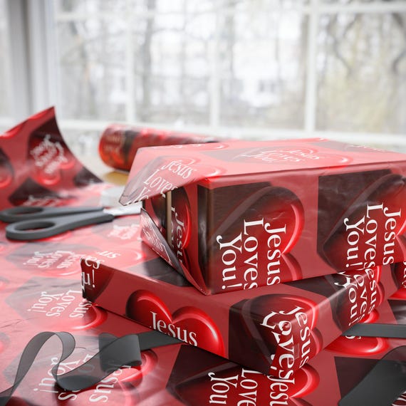 Religious Dark  Red Gift Wrapping Paper with Hearts - 'Jesus Loves You!' Original Design for All Special Occasions