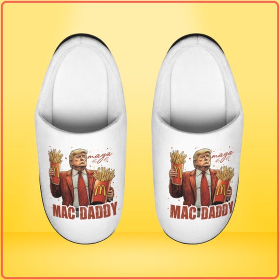 White-MAC Daddy Trump with Fries Men's Slippers, Cozy Holiday Gift Footwear, Sizes 7-14, Festive Slip-ons for Men, Anti-slip Indoor Sho