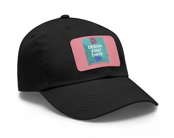 Peut inclure: Casquette de baseball noire avec une visière incurvée. Un patch rectangulaire rose sur le devant affiche le texte "Design your own!" dans un design coloré. La casquette est en tissu résistant et a un style classique et décontracté.