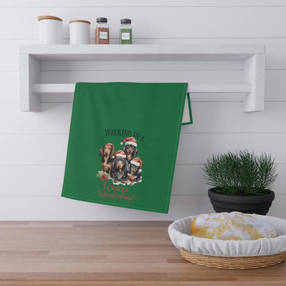 Funny Weenie Dog Christmas Novelty Tea Towels - Walking in a Weenie Wonder Land, Dog Mom or Dad Gift, Dachshund Dogs Hand Towel, Decorative