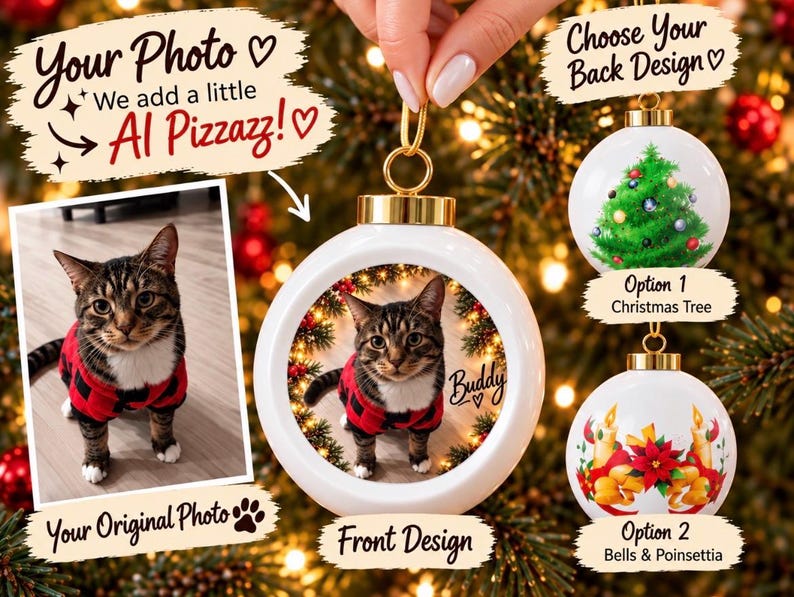 May include: A round white ceramic Christmas ornament featuring a custom photo of a tabby cat wearing a red and black plaid shirt. The ornament includes the name Buddy and a heart symbol. Two additional back design options are shown.