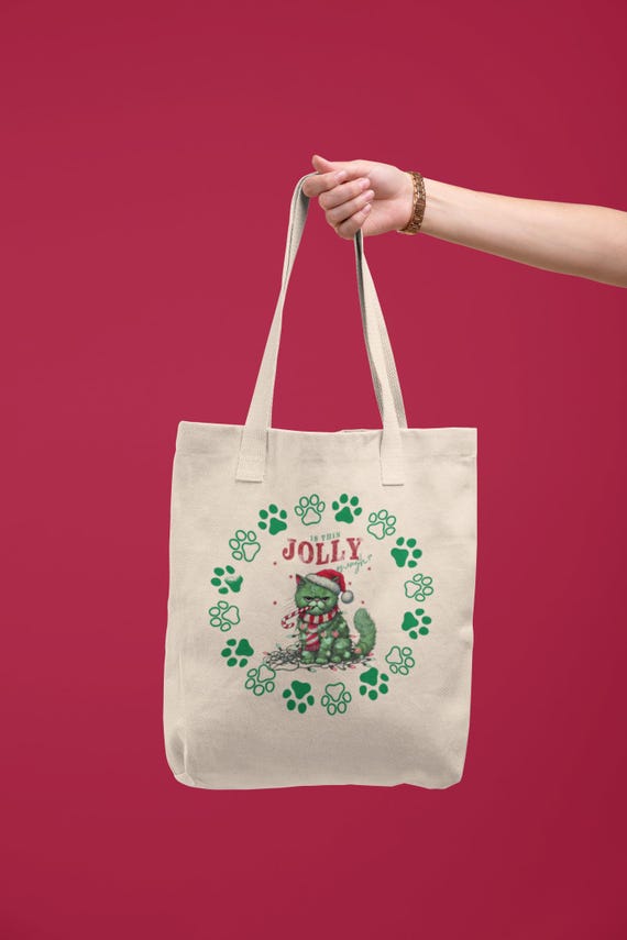 Moody Green Christmas Cat Print Tote Bag, Holiday Canvas Shopping Tote, Festive Cat Lover Gift, Reusable Eco-Friendly Bag, Jolly Cat Design
