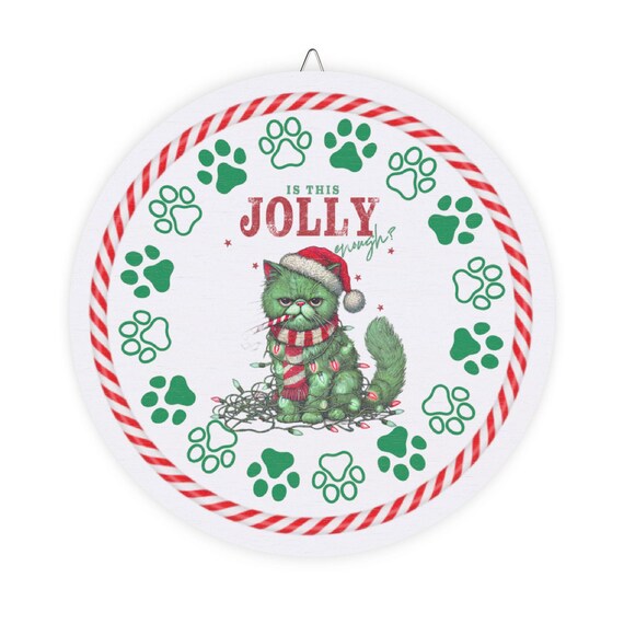 Christmas Cat Wood Signs - Rustic Holiday Wall Decor, Fun Print, Front door wreath, Festive Wall Art, Grumpy Cat Sign