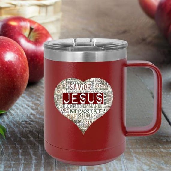Jesus Heart Love Tumbler: Premium 15oz Stainless Steel Coffee Mug, Christian Faith Gift for Travel, Durable Insulated Drinkware.
