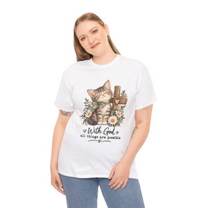 With God All Things Are Possible Cat T-Shirt | Strong, Smooth Medium-weight Fabric image 8
