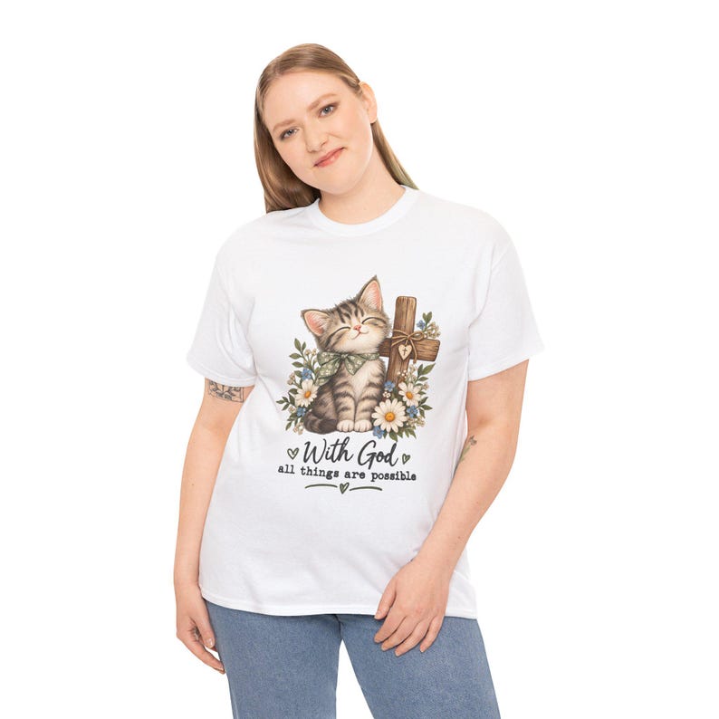 With God All Things Are Possible Cat T-Shirt | Strong, Smooth Medium-weight Fabric image 8