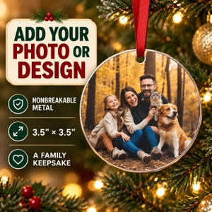 Decorazione natalizia personalizzata, aggiungi la tua foto o il tuo disegno, ricordo rotondo in metallo personalizzabile su entrambi i lati, regalo per cani o gatti, decorazione per l'albero genealogico