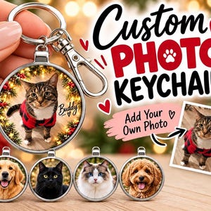 Personalized Photo Keychain, Custom Pet Dog Cat Picture Key Ring, Gift for Mom Dad, Family Keepsake or One of A Kind Stocking Stuffer. afbeelding 2