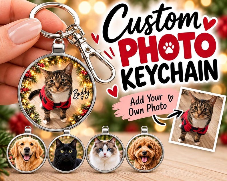 Personalized Photo Keychain, Custom Pet Dog Cat Picture Key Ring, Gift for Mom Dad, Family Keepsake or One of A Kind Stocking Stuffer. afbeelding 2