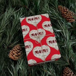 Carta da regalo natalizia a tema Gesù con cuore rosso, design unico per confezioni cristiane, novità per regali di Natale religiosi, carta cristiana
