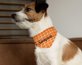 Autumn Dog Fall Fashion: Customizable Orange Plaid Pet Bandana Collar- Add You Custom Text