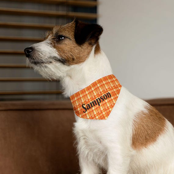Autumn Dog Fall Fashion: Customizable Orange Plaid Pet Bandana Collar