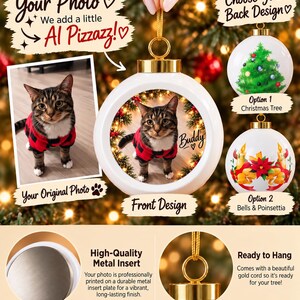 May include: A white round Christmas ornament featuring a custom photo of a cat in a red and black plaid shirt with the name Buddy printed on the front. The ornament includes a gold cap and hanging cord, with options for a tree or bell design.
