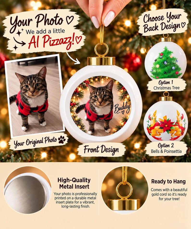 May include: A white round Christmas ornament featuring a custom photo of a cat in a red and black plaid shirt with the name Buddy printed on the front. The ornament includes a gold cap and hanging cord, with options for a tree or bell design.