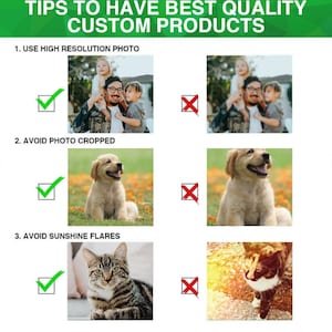 Pu&ograve; includere: Un grafico informativo intitolato TIPS TO HAVE BEST QUALITY CUSTOM PRODUCTS. Mostra tre sezioni numerate con esempi di foto: 1. USE HIGH RESOLUTION PHOTO, 2. AVOID PHOTO CROPPED e 3. AVOID SUNSHINE FLARES, utilizzando segni di spunta verdi e simboli X rossi.