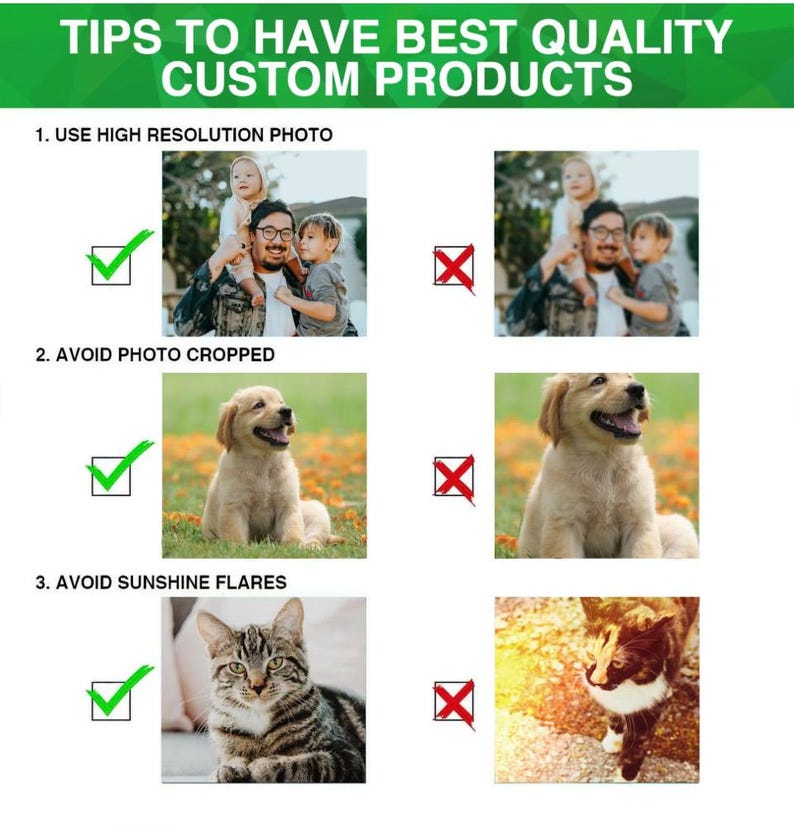 Pu&ograve; includere: Un grafico informativo intitolato TIPS TO HAVE BEST QUALITY CUSTOM PRODUCTS. Mostra tre sezioni numerate con esempi di foto: 1. USE HIGH RESOLUTION PHOTO, 2. AVOID PHOTO CROPPED e 3. AVOID SUNSHINE FLARES, utilizzando segni di spunta verdi e simboli X rossi.
