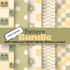 Puede incluir: Un paquete de patrones con diseños en tonos verdes, amarillos y crema. Los patrones incluyen lunares, flores, líneas onduladas y un tablero de ajedrez. El texto "HAND DRAWN" y "Pattern Bundle" son visibles.