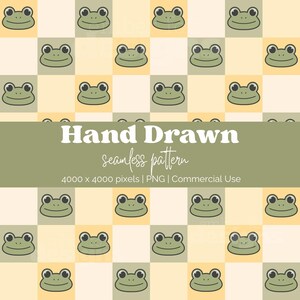 May include: A repeating pattern of cartoon frog faces on a checkered background of light yellow and gray squares. The text "Hand Drawn seamless pattern" is displayed in a banner across the image, along with pixel and usage information.