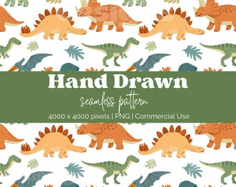 Modello senza cuciture di dinosauri disegnati a mano / Ripetizione per la cameretta dei bambini preistorici / Carta digitale PNG