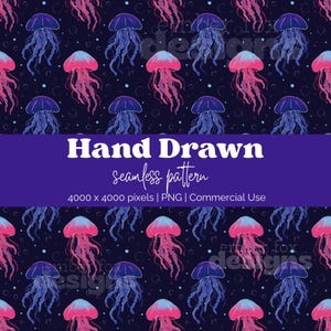 May include: A seamless pattern featuring hand-drawn jellyfish in shades of pink and blue against a dark blue background. The image includes the text "Hand Drawn seamless pattern" and details about the image size and usage.