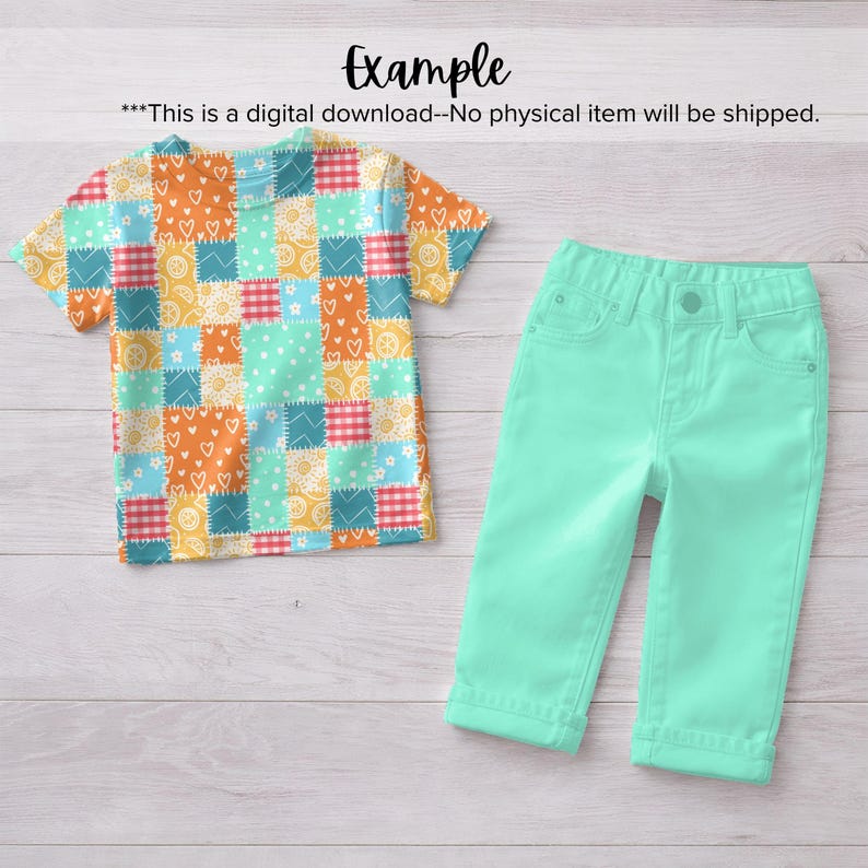 May include: A children's outfit featuring a patchwork-style short-sleeved shirt and mint green pants. The shirt has a colorful patchwork design with hearts and other patterns. The text "Example" is at the top of the image.