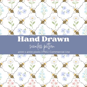 Puede incluir: Patrón floral sin costuras con margaritas, nomeolvides y abejas sobre fondo blanco. El diseño incluye una cuadrícula de líneas punteadas. Se muestra el texto "Hand Drawn seamless pattern". Ideal para diversos proyectos.