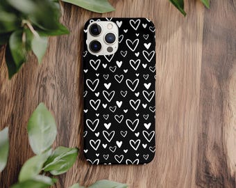 Custodia per telefono nera, motivo a cuore bianco, stile moderno ed elegante