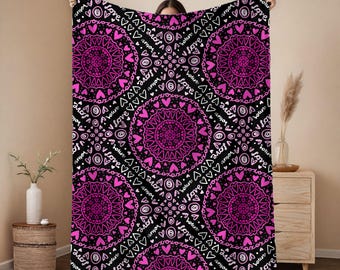 Pink Heart Mandala Blanket, Amor Love Throw, Valentine Gift Blanket, Girl Room Decor, Cozy Pink Aesthetic Blanket, Velveteen Plush Throw