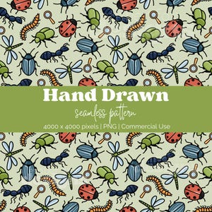 Op de afbeelding: Een handgetekend naadloos patroon met verschillende insecten zoals lieveheersbeestjes, kevers, mieren, libellen en rupsen in een herhalend ontwerp. De insecten zijn in groen, blauw, rood en zwart, met vergrootglazen. De tekst luidt "Hand Drawn seamless pattern".