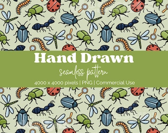 Motivo neutro con insetti, motivo senza cuciture con insetti, tessuto con insetti per la cameretta, illustrazione di insetti in stile vintage, motivo naturalistico per bambini