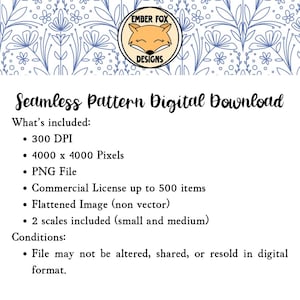 May include: A digital download graphic with the text "Seamless Pattern Digital Download." The image includes a logo with a fox and the text "Ember Fox Designs." The download includes a PNG file, 4000 x 4000 pixels, and a commercial license.