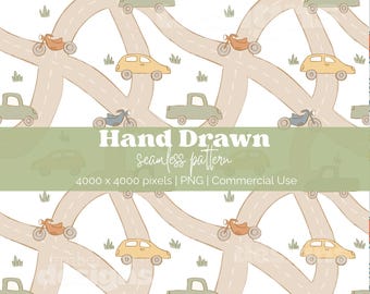 Car Track Seamless Pattern, Kids Road Map Design, Transportation Theme, Boy Car Illustration, Digital Pattern Download