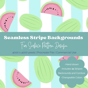 Peut inclure: Illustration numérique d'un motif sans couture avec des pastèques vertes et des tranches de pastèque roses sur un fond rayé bleu et blanc. Le texte indique "Seamless Stripe Backgrounds For Surface Pattern Design". Comprend 11 arrière-plans et combinaisons rayés.