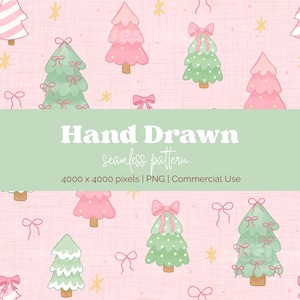Peut inclure: Un motif sans couture dessiné à la main avec des sapins de Noël roses et verts, ornés de nœuds et d'étoiles, sur un fond rose clair. Le design comprend le texte "Hand Drawn seamless pattern".