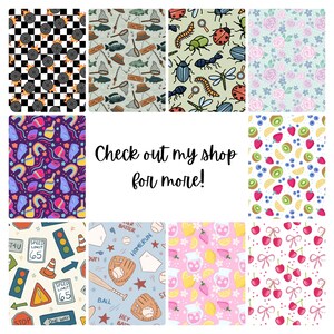 May include: A collection of patterned fabric swatches. Designs include racing wheels on a checkered background, fishing scenes, insects, floral patterns, fruit, and baseball themes. Text reads "Check out my shop for more!"
